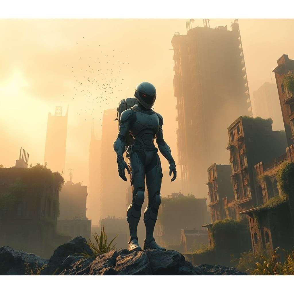 Humanoid Clone in Environmental Repair Suit Amidst Ruined Sk...