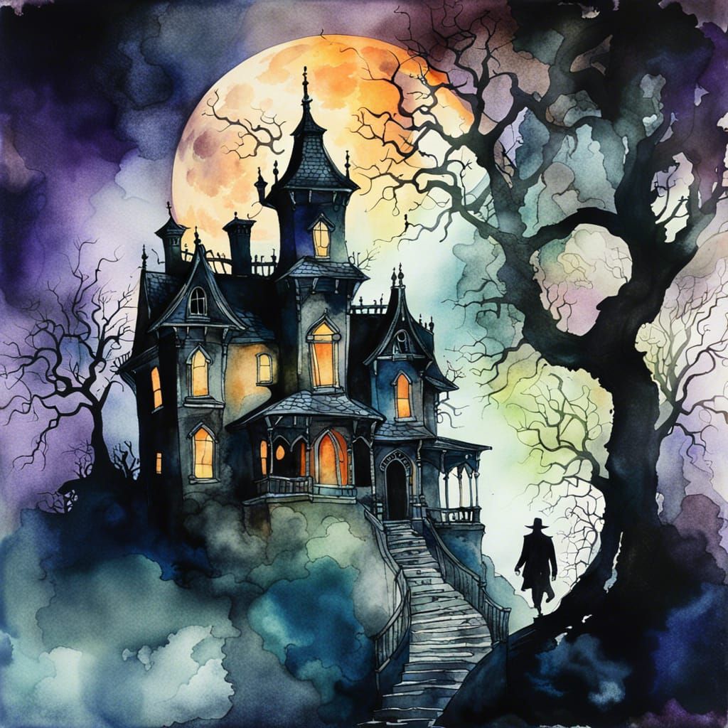 Eerie Haunted Mansion in Rich Watercolor