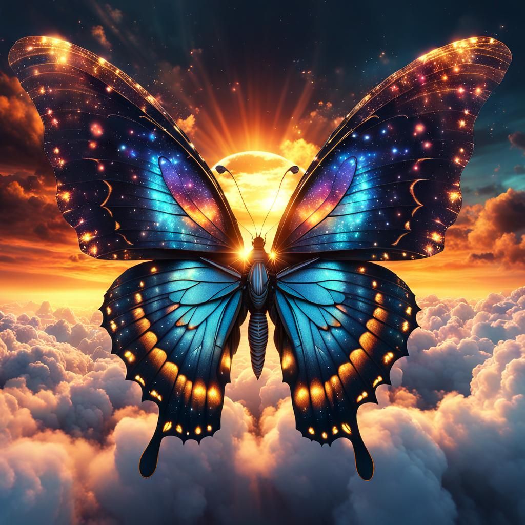 Mystical Butterfly with Galactic Wings at Sunset