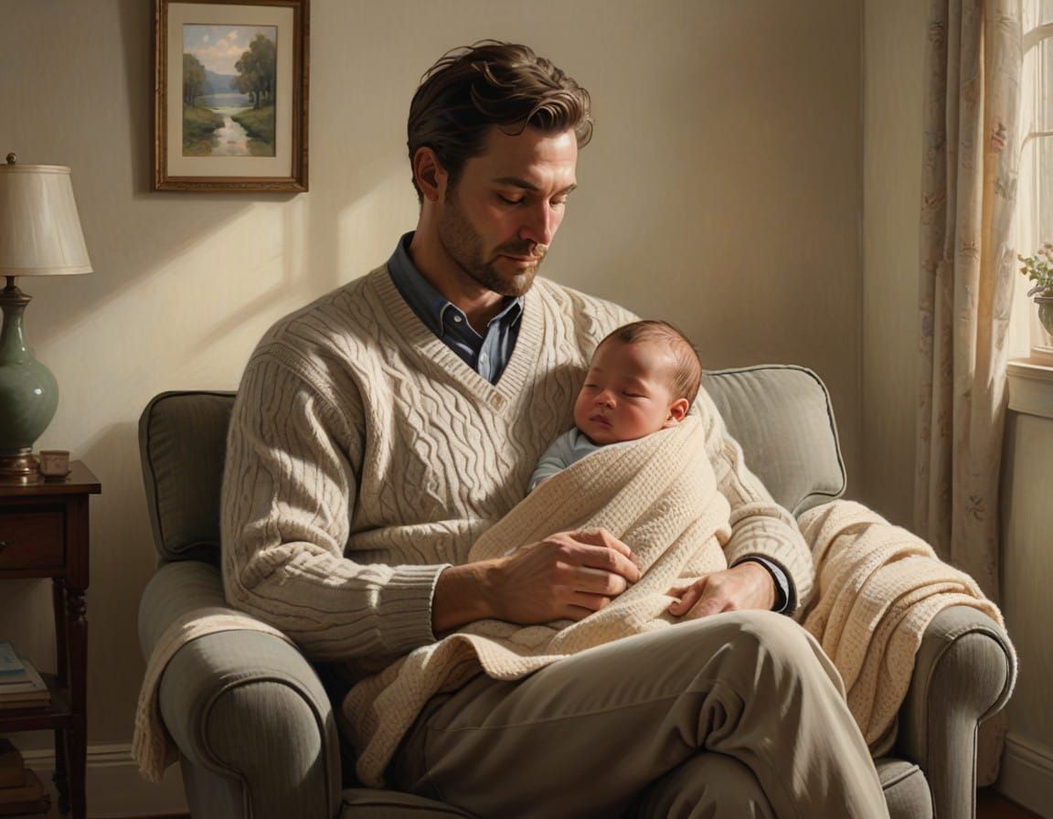 Father Cradles Newborn in Rocking Chair
