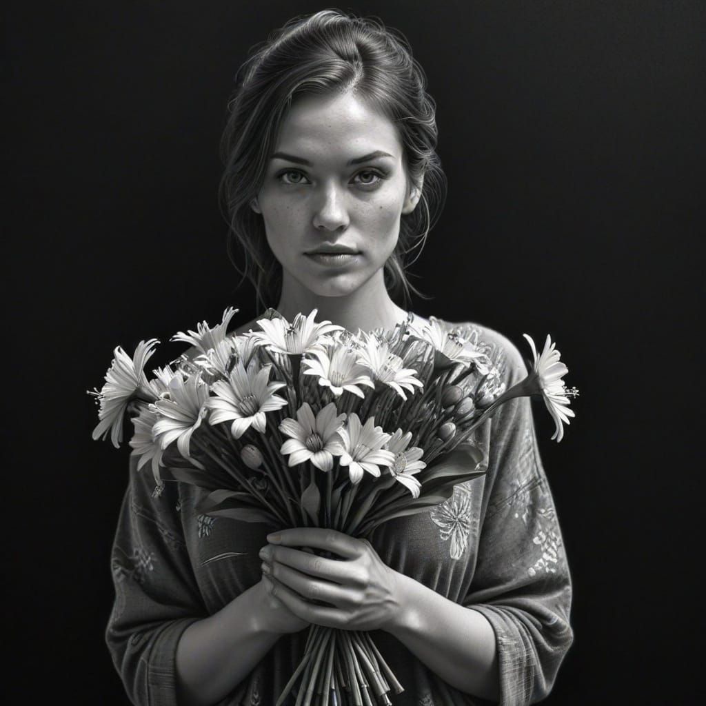 Woman With Flowers: Hyper-Detailed Graphite Sketch