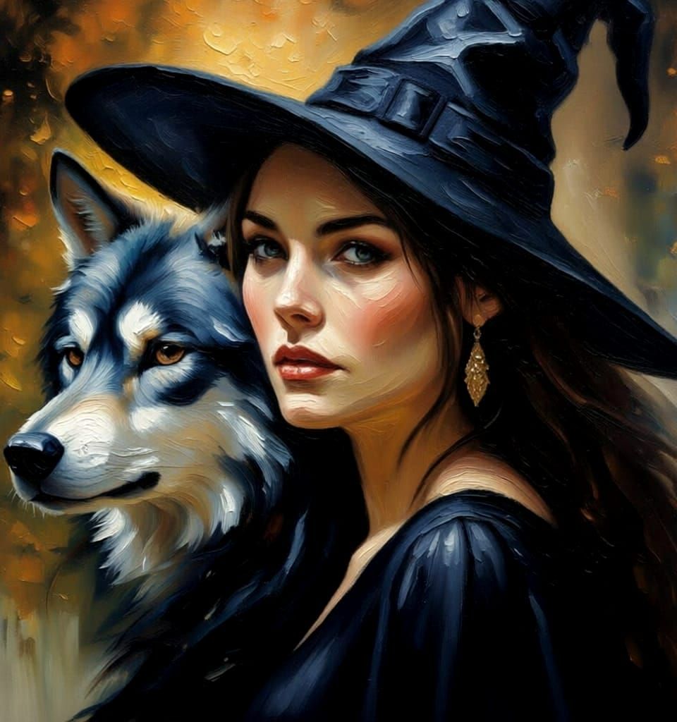 Beautiful Witch and Wolf Portrait in Hyperrealistic Style