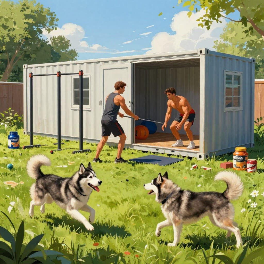 Athletic Men Build Container Gym with Playful Huskies