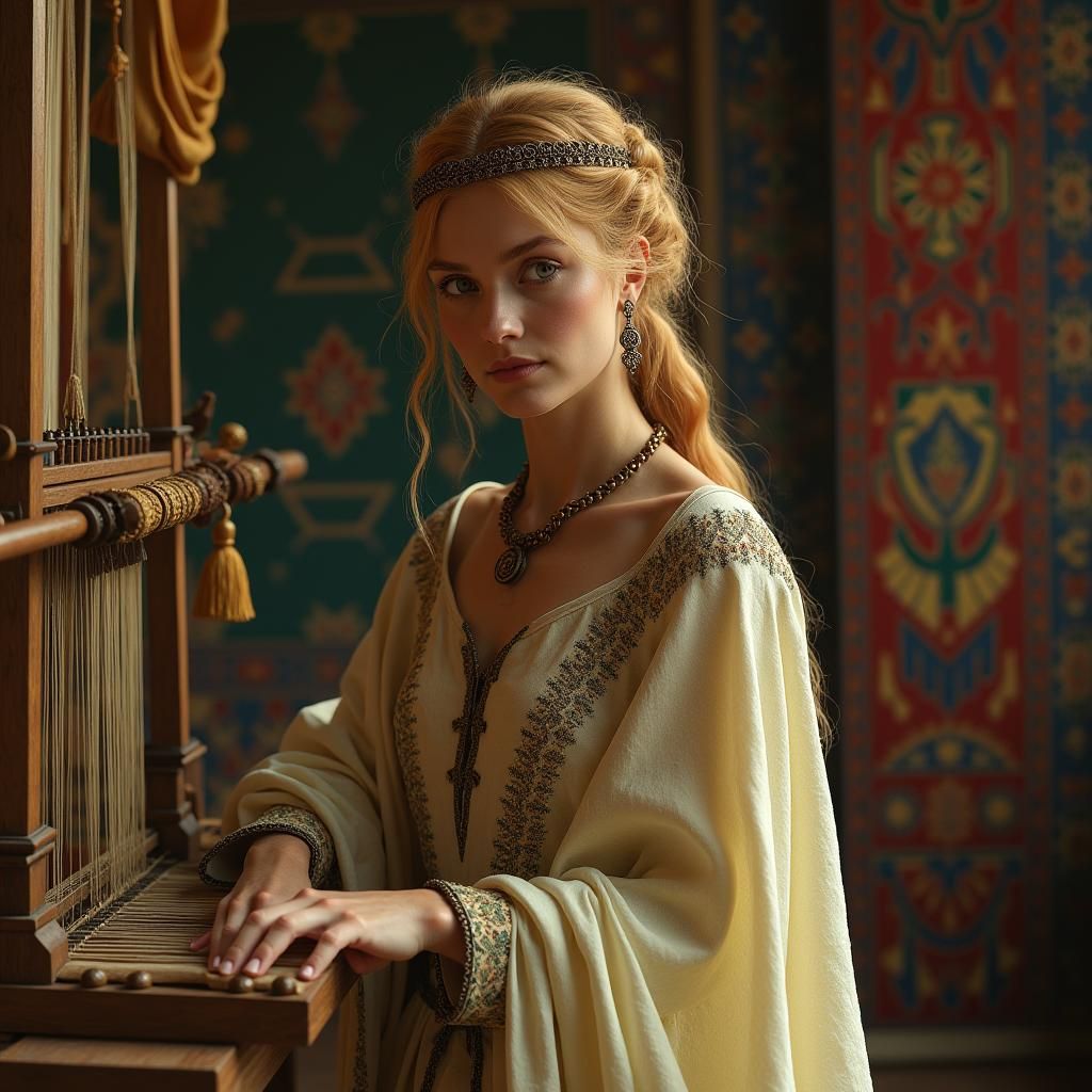 Lithuanian Weaver in Dark Fantasy Art Nouveau Style