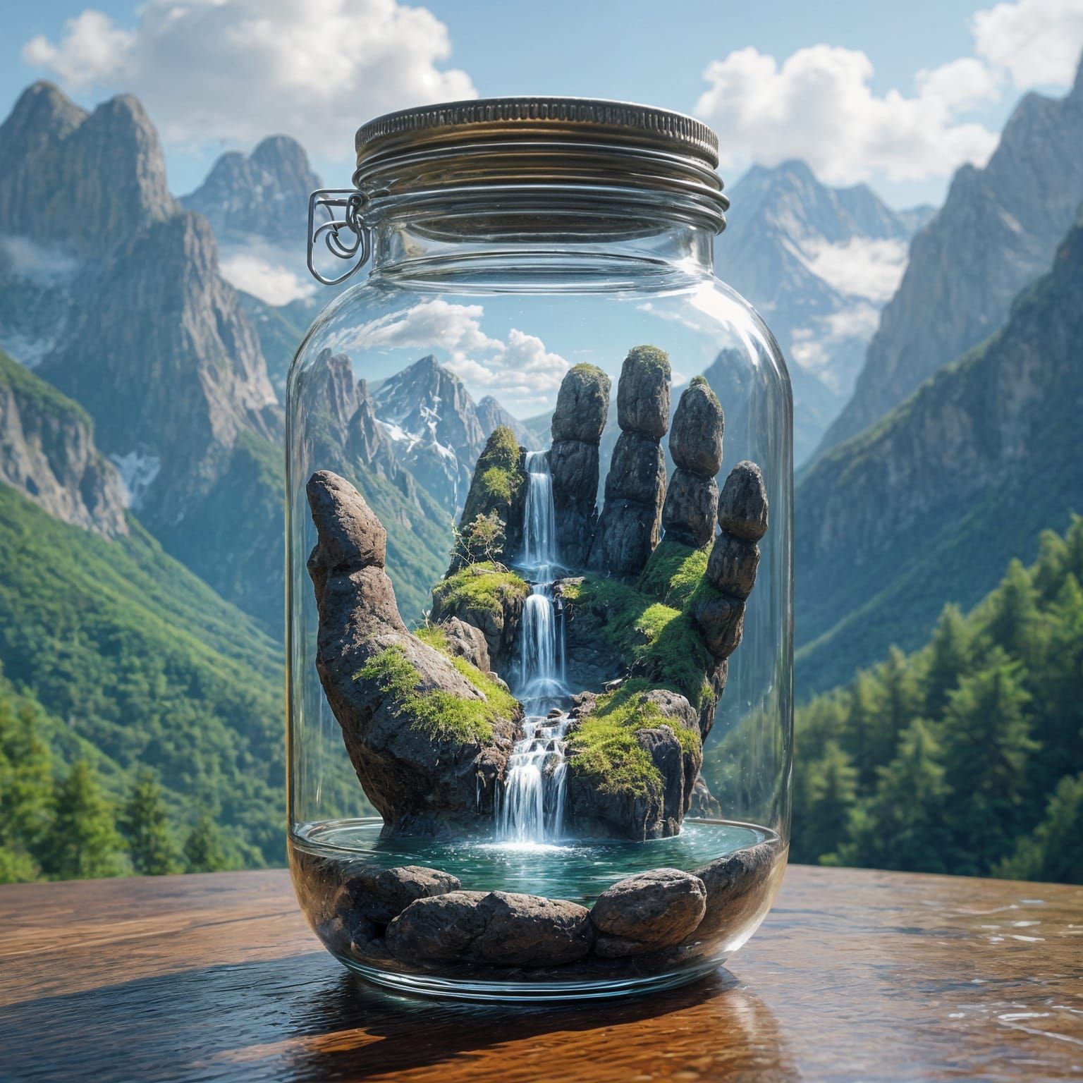 Mountain Valley in Jar on Stone Hand