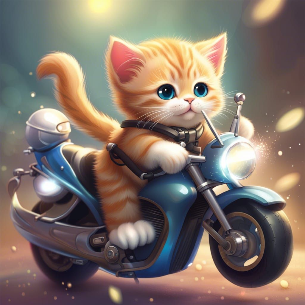Cute Kitten Motorcycle Ride: Sparkling Digital Art