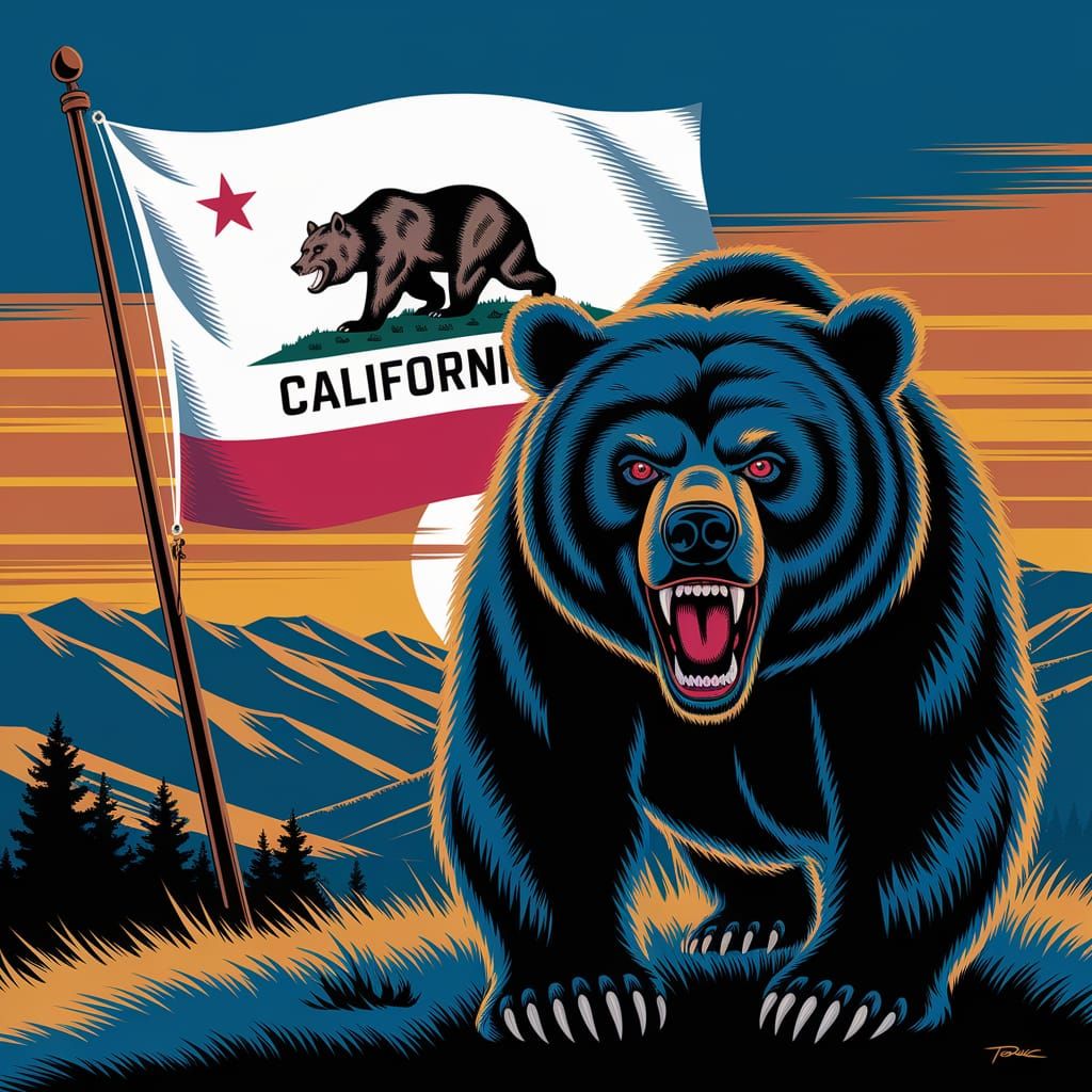 Majestic California Flag with Fierce Bear, Digital Art