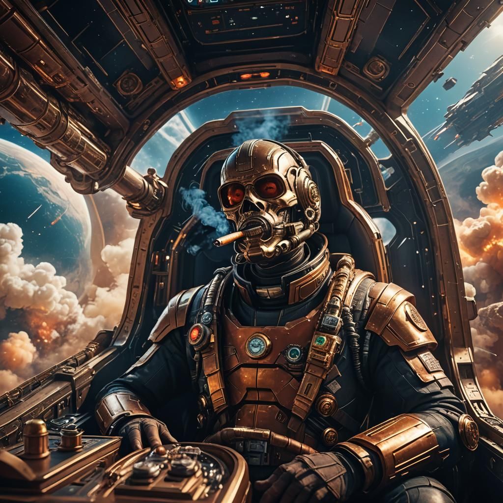 Surreal Lips Smoking Cigar in Space Vehicle