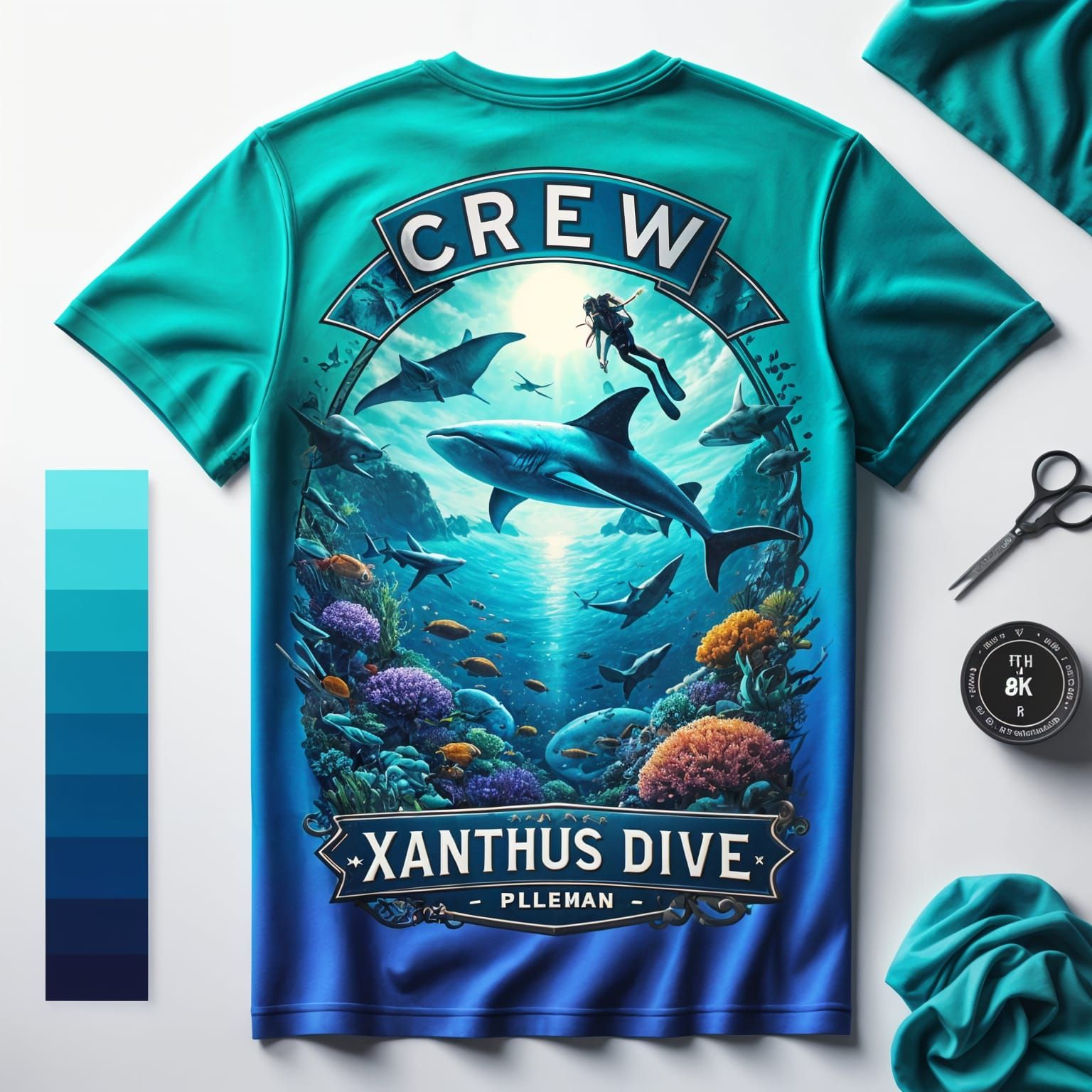 Aqua Marine Blue T-Shirt with Intricate Dive Crew Logo in Fa...