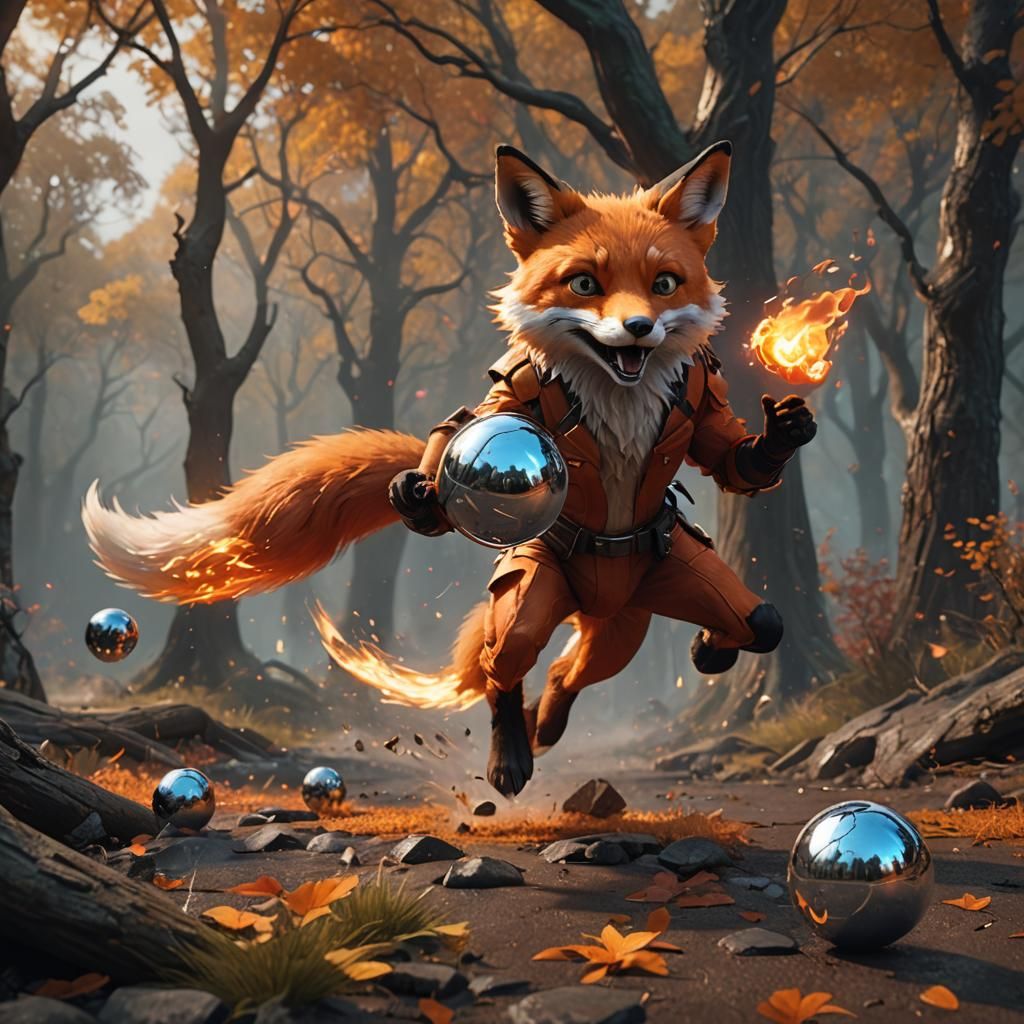 Fiery Fox Chasing Chrome Ball on Data Stream