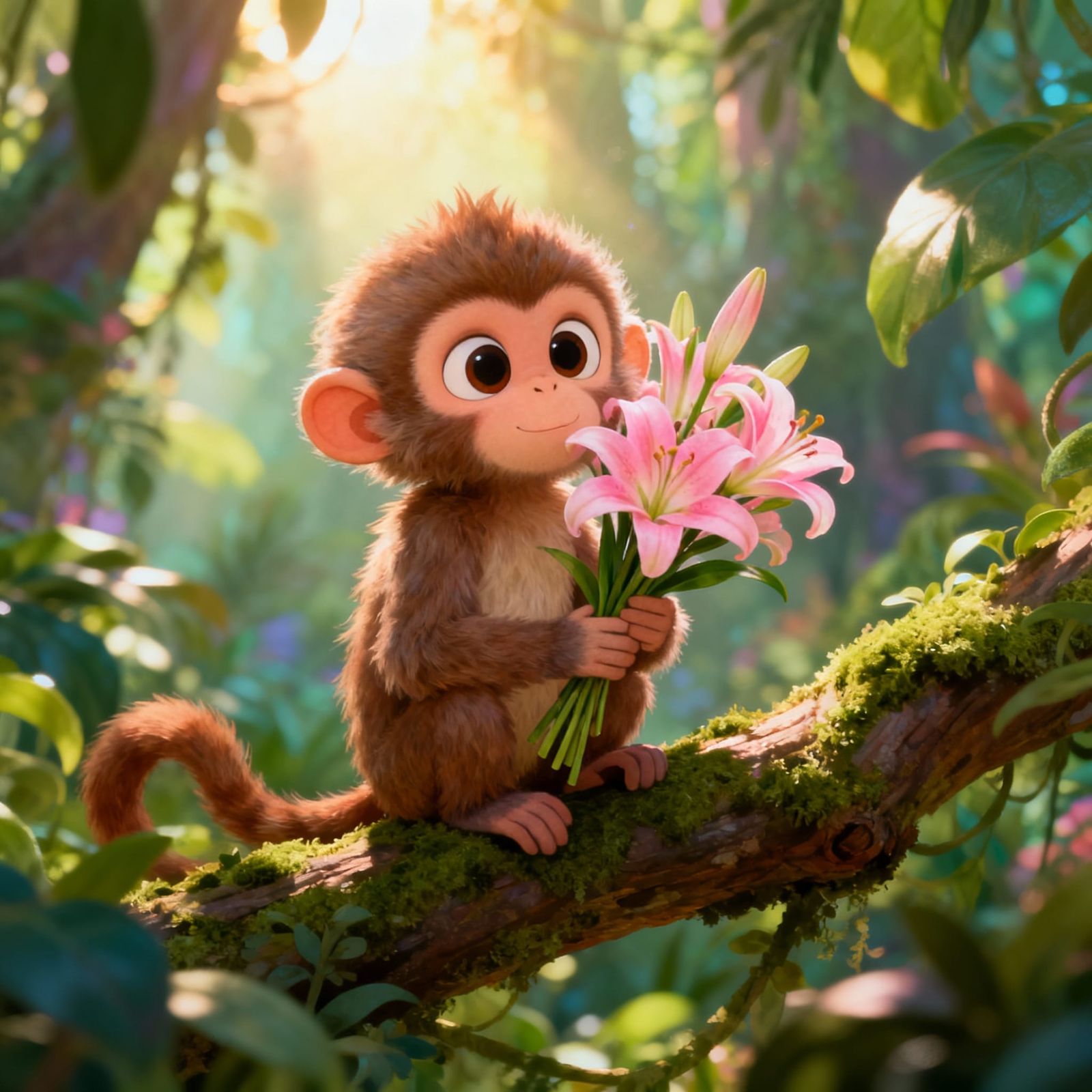 Cute Fluffy Monkey Holds Pink Lilies in Enchanting Jungle