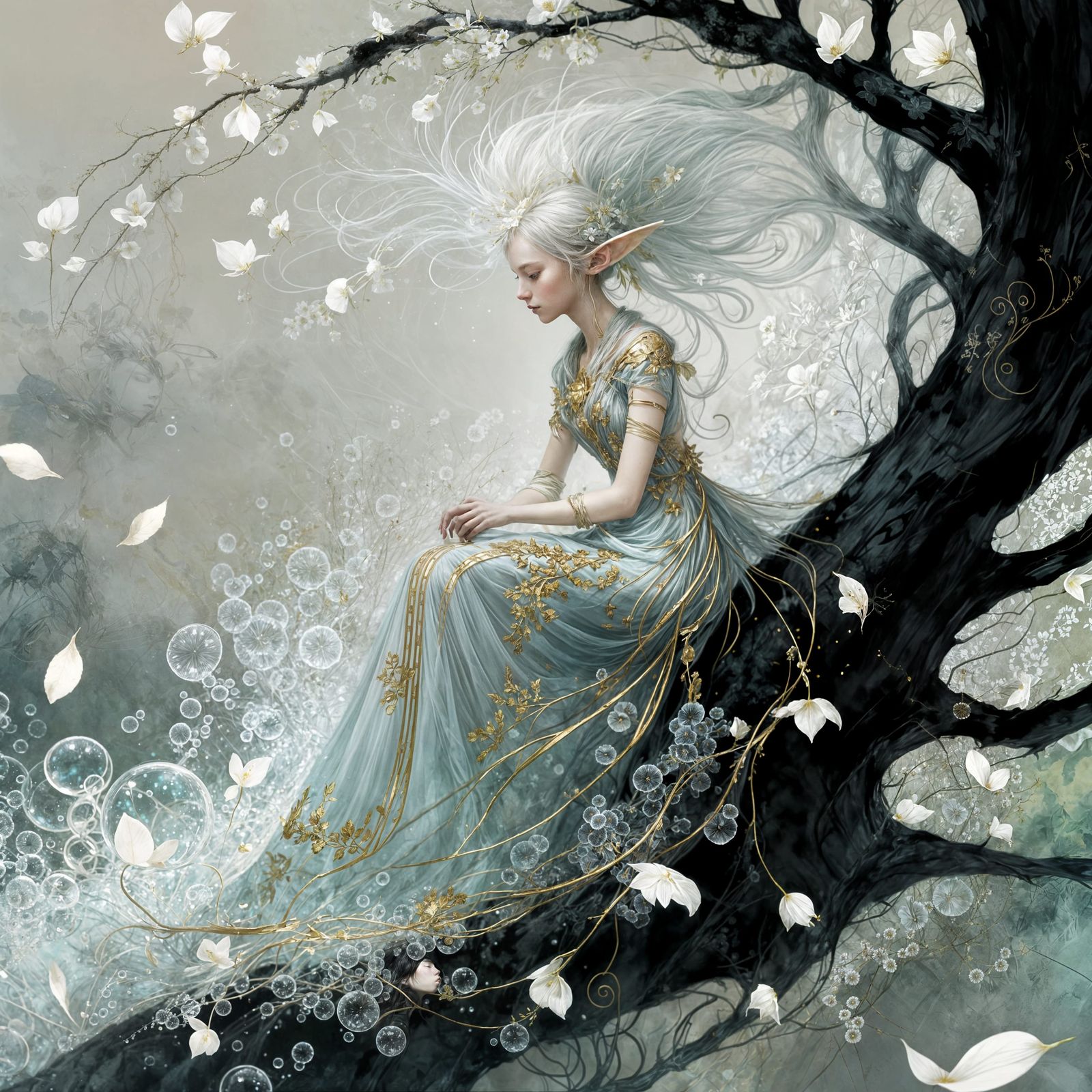 Solarpunk Elf Princess Among Black Trees
