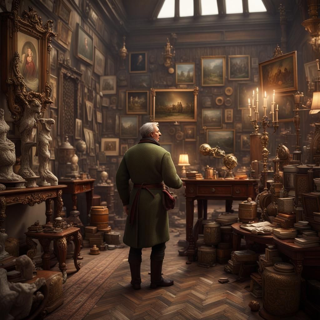Antique Dealer in Tornado of Antiques, 3D Render
