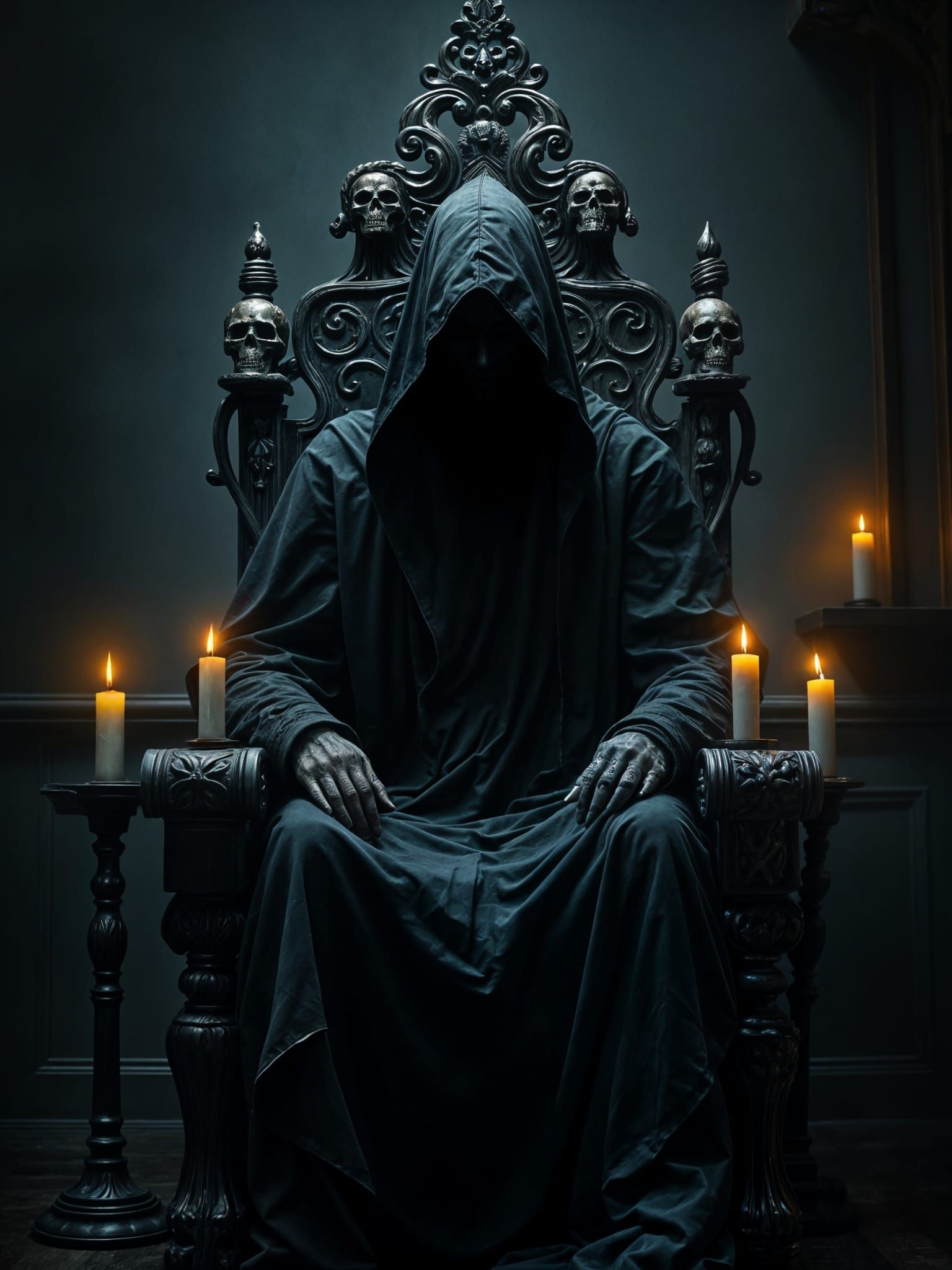 Eerie Dark Figure on Skull Throne