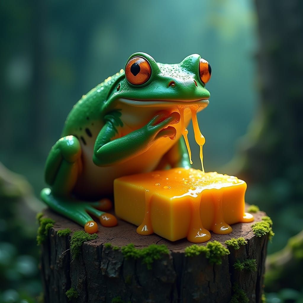 Regal Emerald Frog Indulges in Drippy Cheese in a Fantastica...