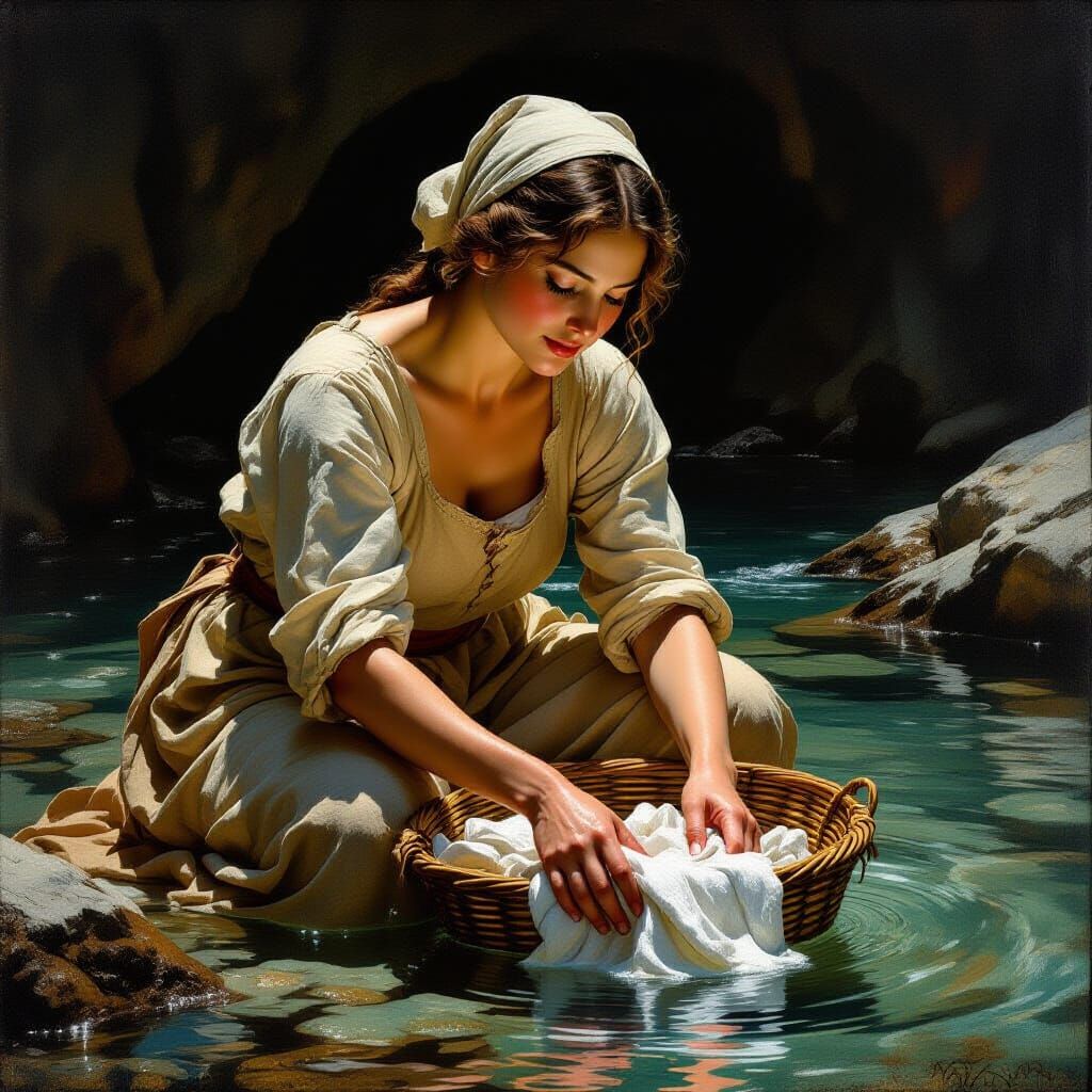Medieval Peasant Woman Washing Clothes in Renaissance Style