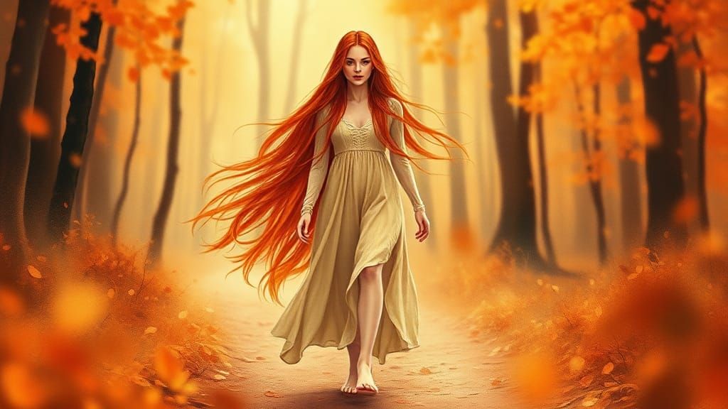 Ethereal Woman in Autumn Mist, Watercolor Illustration