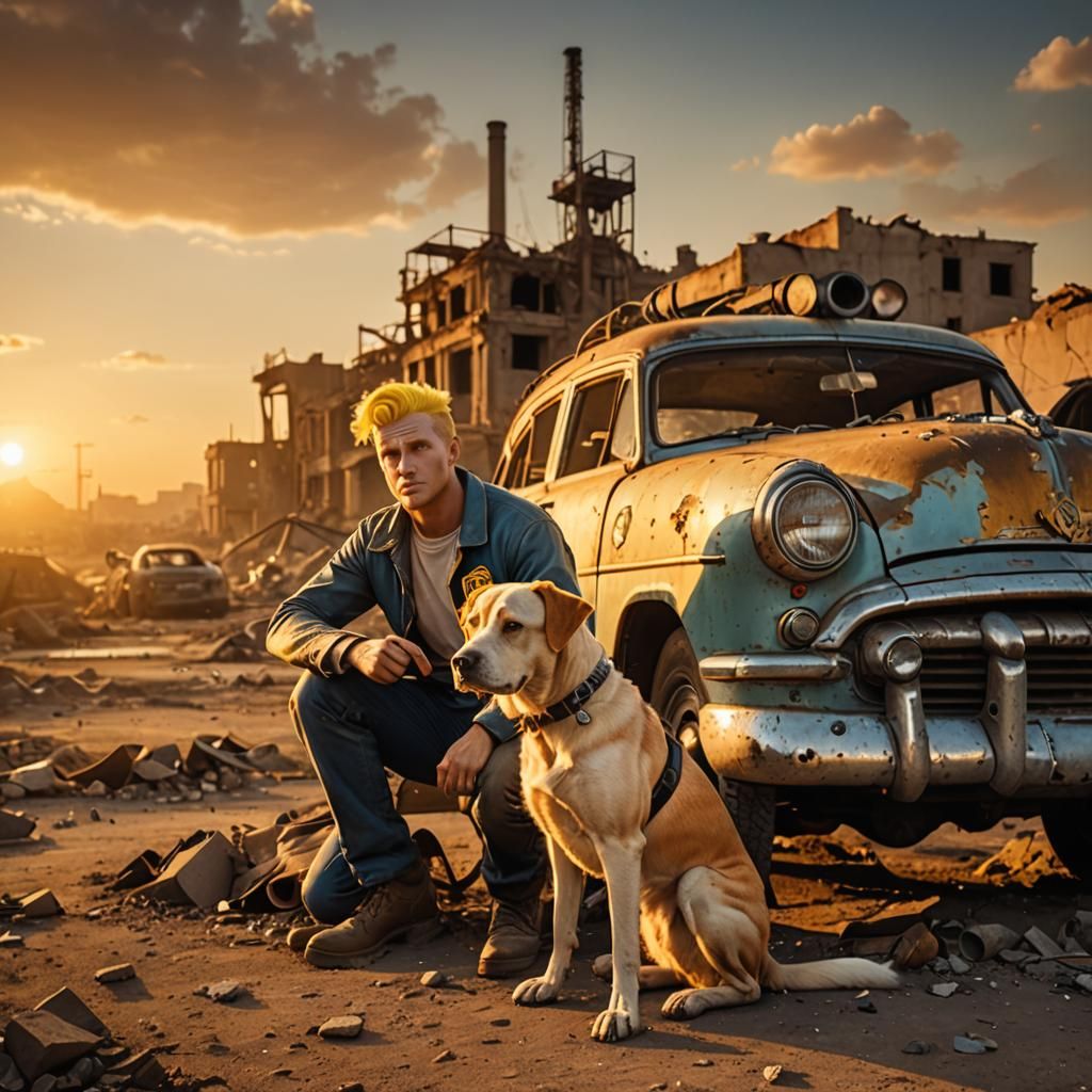 Vault Boy and His Faithful Companion Amidst Ruins
