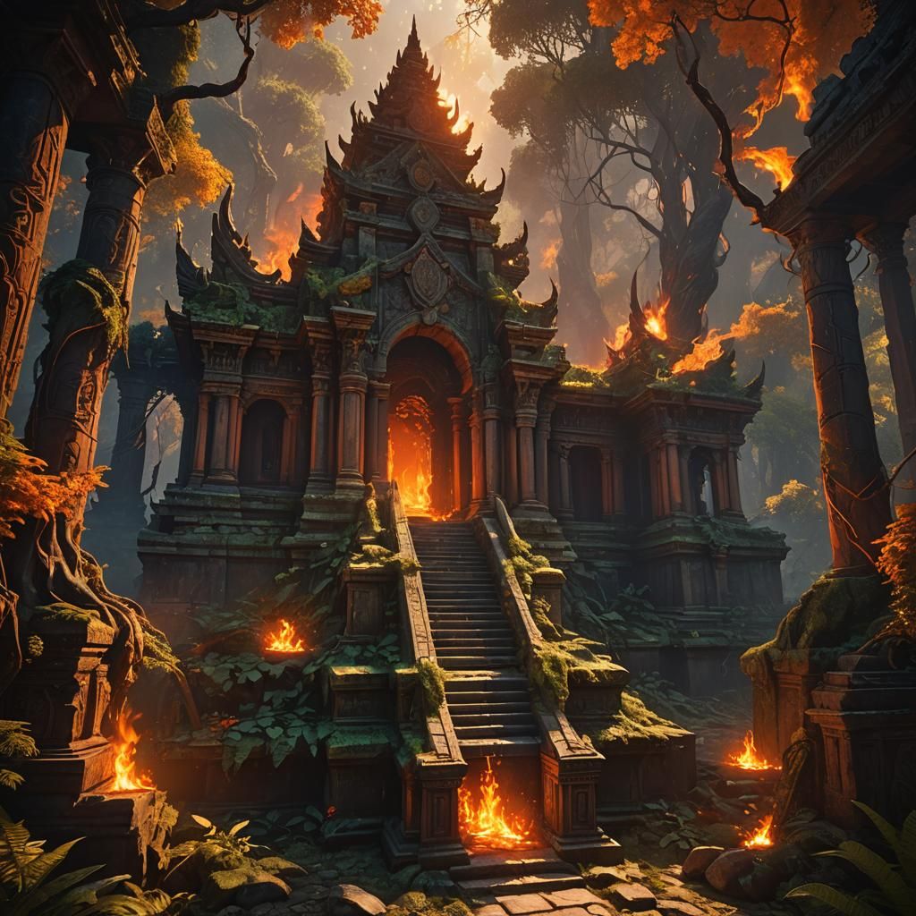 Mystical Temple Engulfed in Flames: Fantasy Concept Art