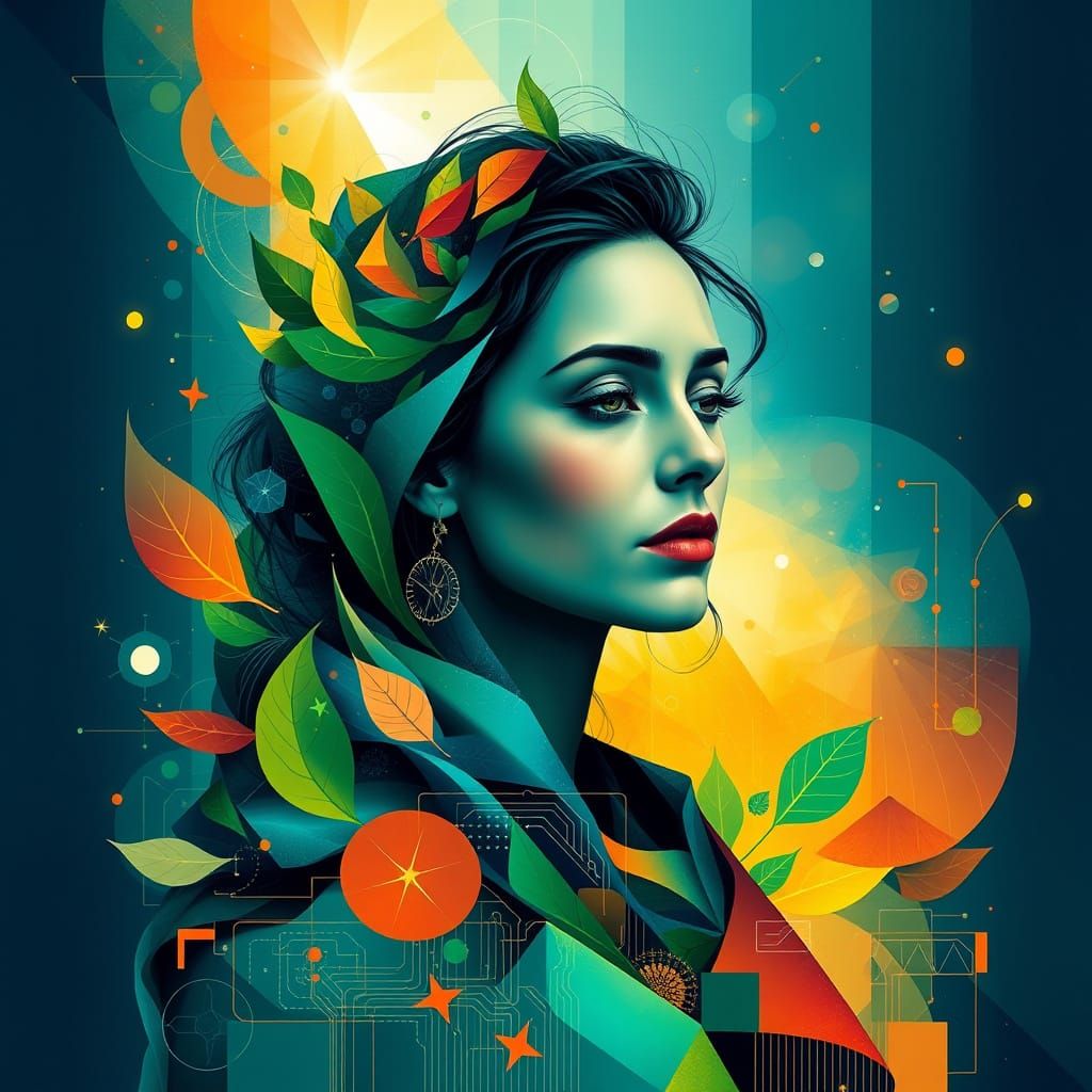 Vibrant Abstract Digital Art of a Spanish Woman in Plism Sty...
