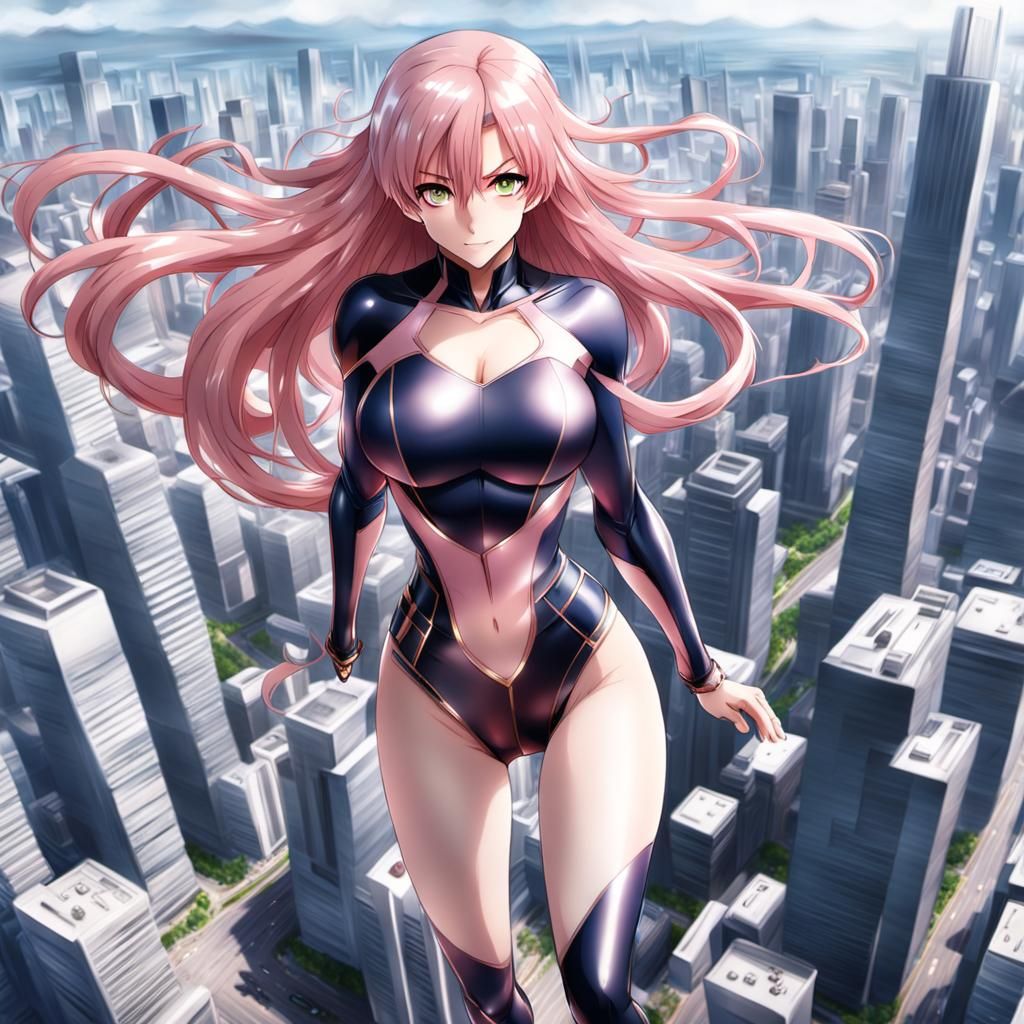 Anime Superheroine Soaring Over City in Manga Style