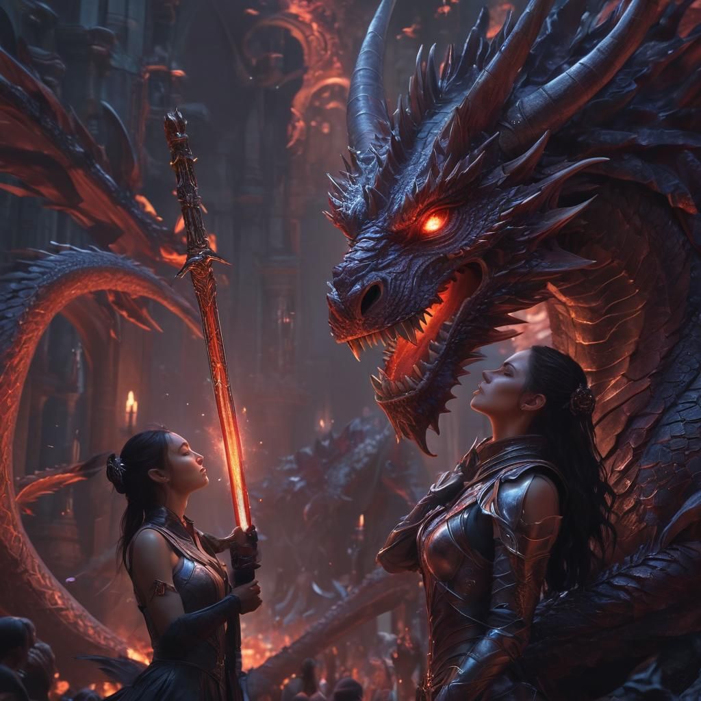 Astral Dragon Subdued by Woman with Sword in Gothic Art