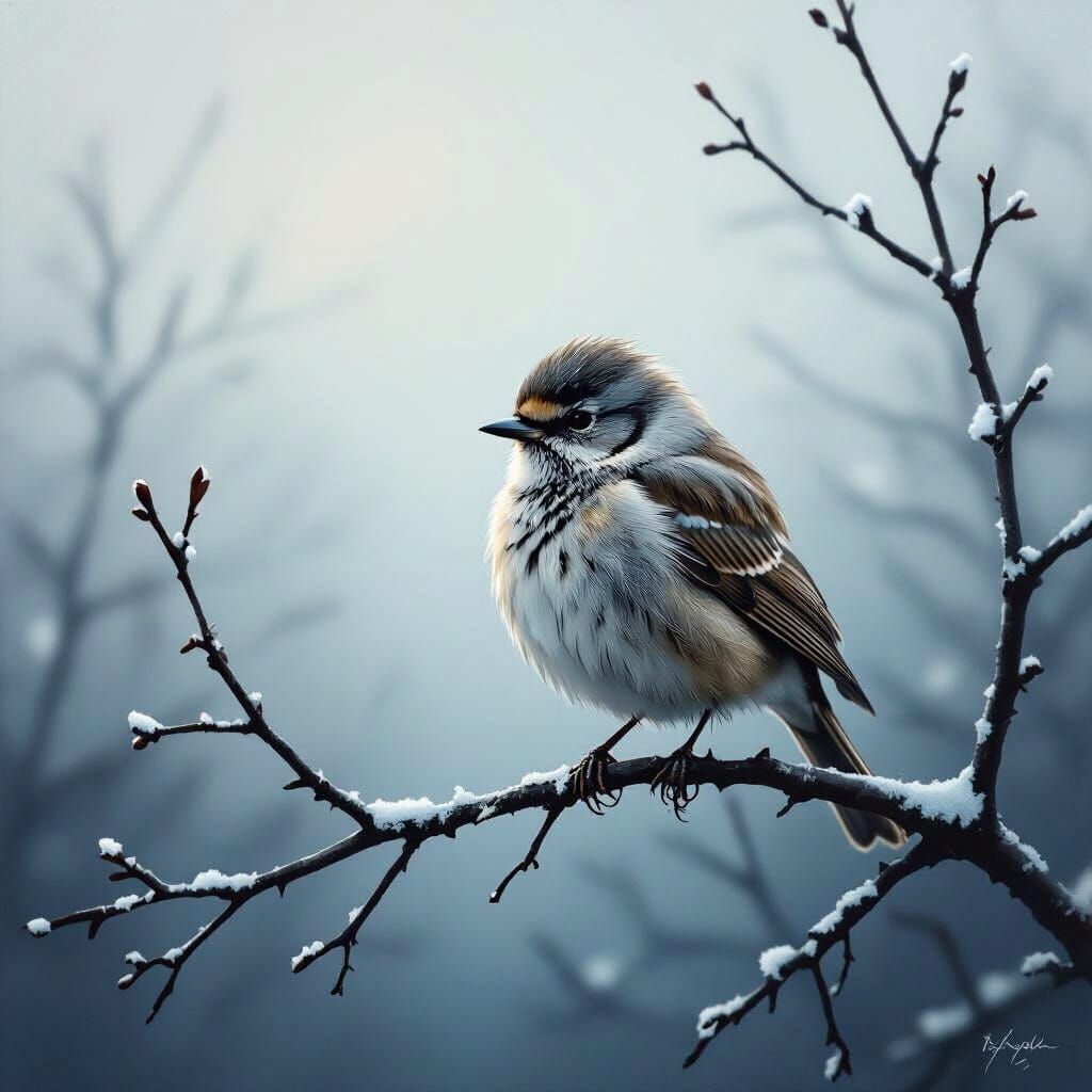 Melancholic Bird on Snowy Branch in Realistic Style