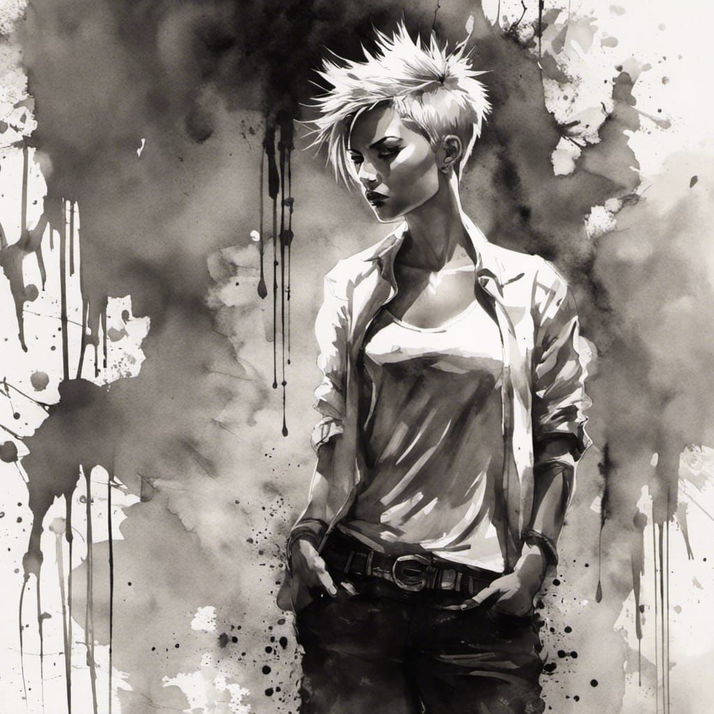 Beautiful short spiky haired woman wearing an open-necked sh...