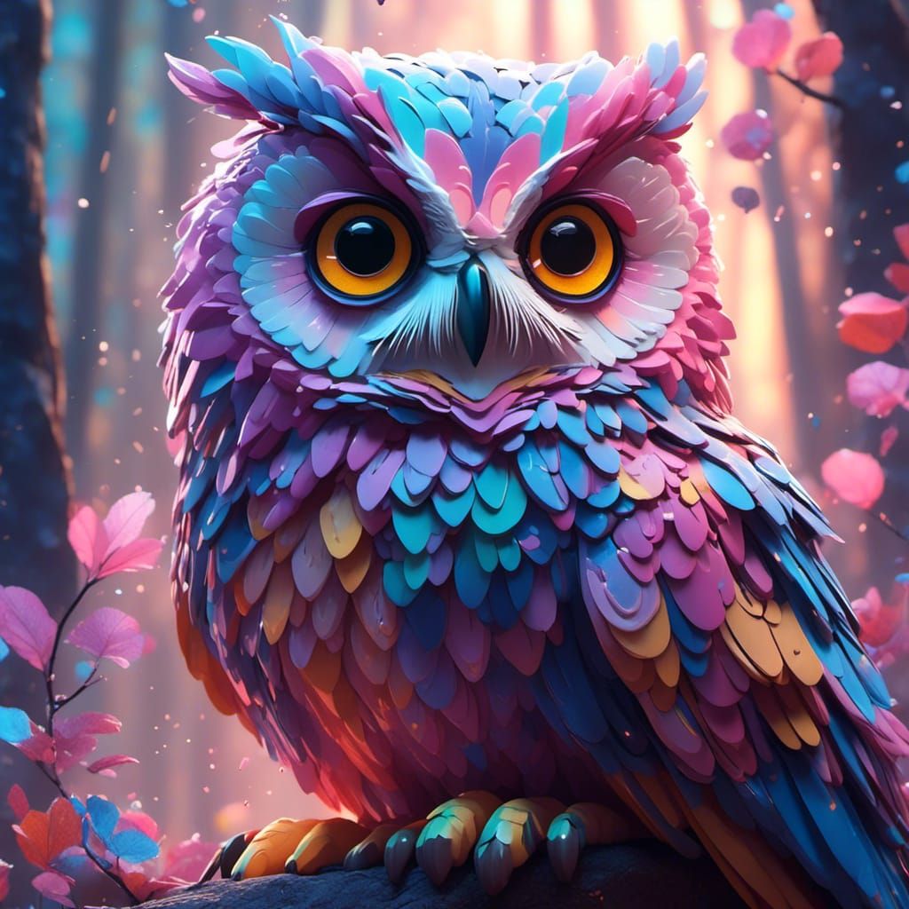 Pastel Owl in Fantasy Forest Artwork