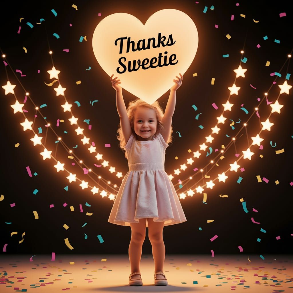 Adorable Girl Holding Heart with 'Thanks Sweetie'