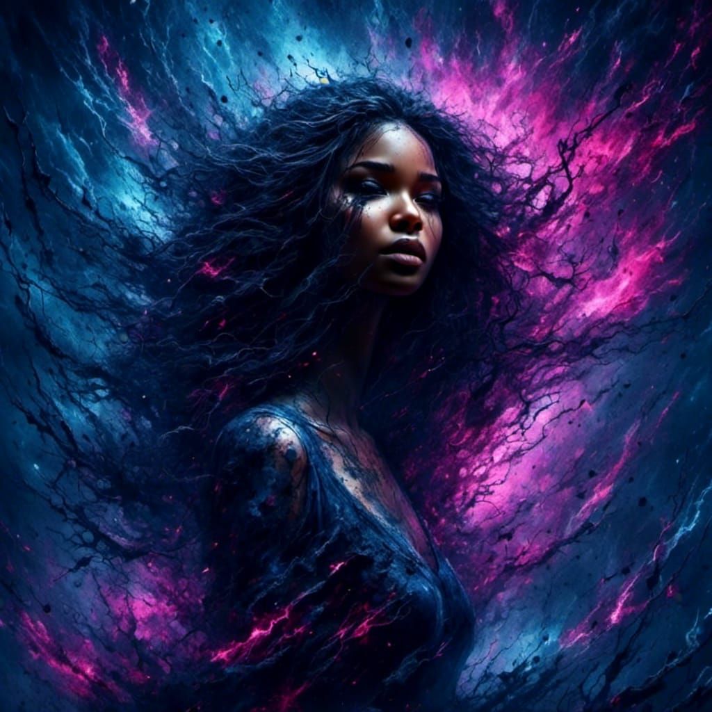 Ethereal Figure in Misty, Electric Landscape