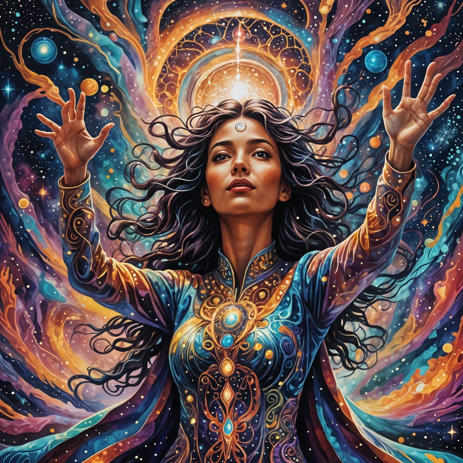 Holographic Astral Illustration in Pablo Amaringo Style