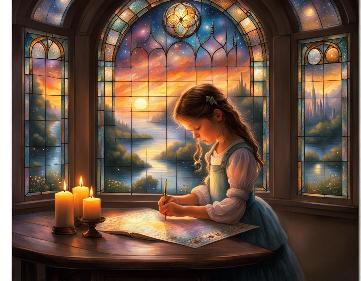 Little Girl Designs Stained Glass in Fantasy Setting