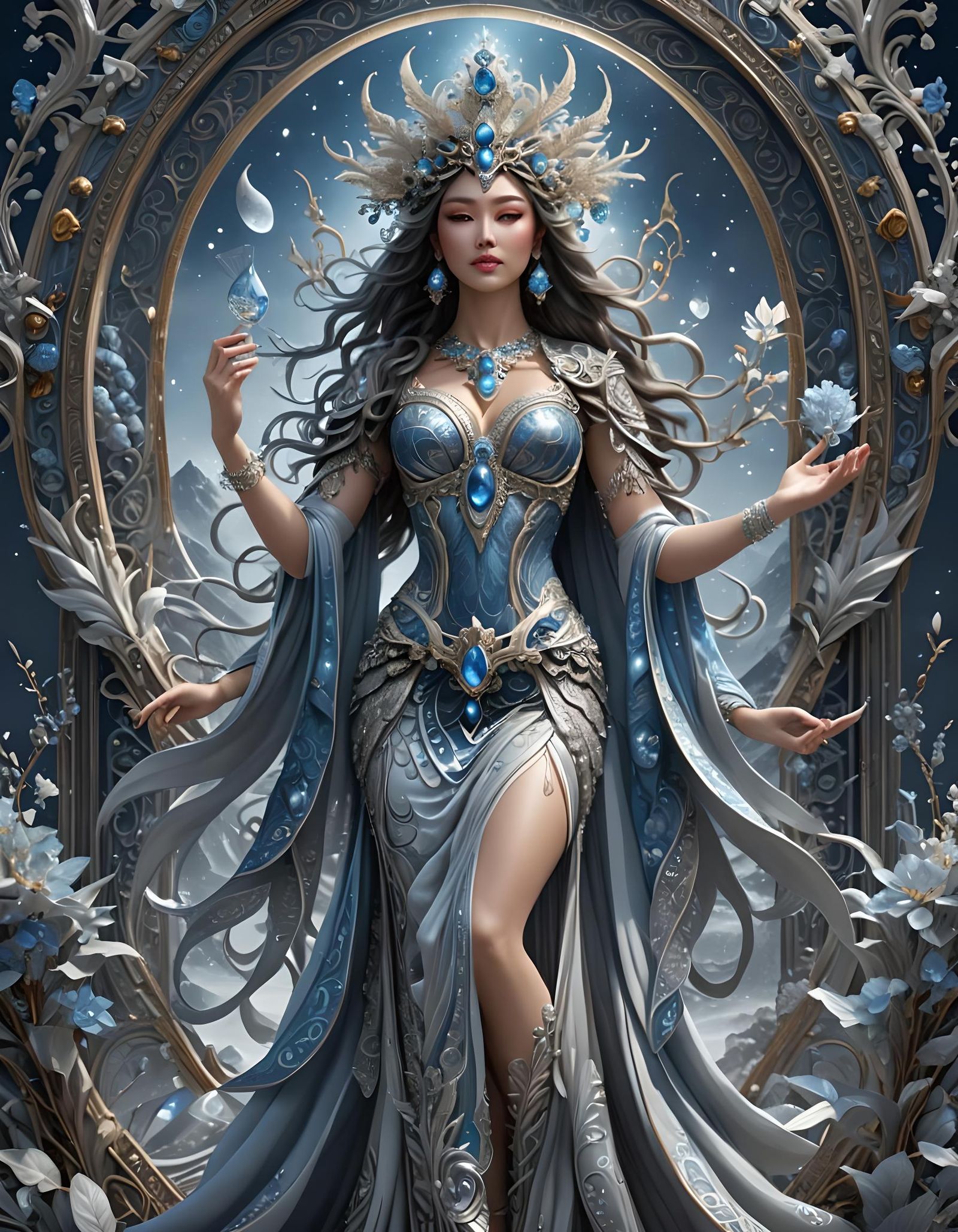 Elegant New Year Goddess in Silver and Blue