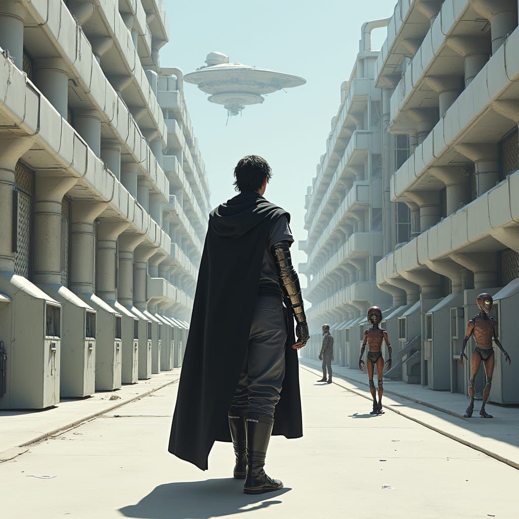 Cybernetic Warrior Stands Amidst Futuristic Cityscape