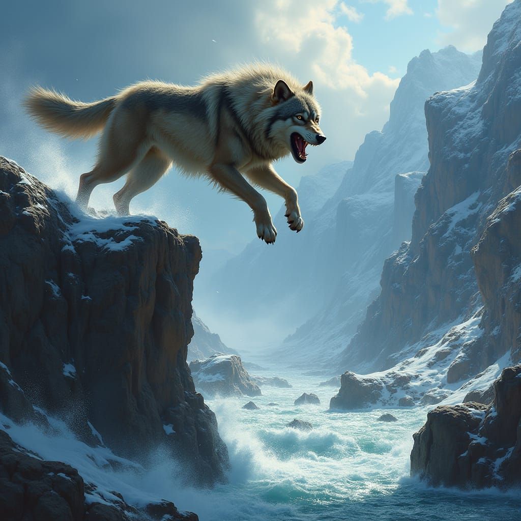 Wolf Leap Over Wild River Landscape