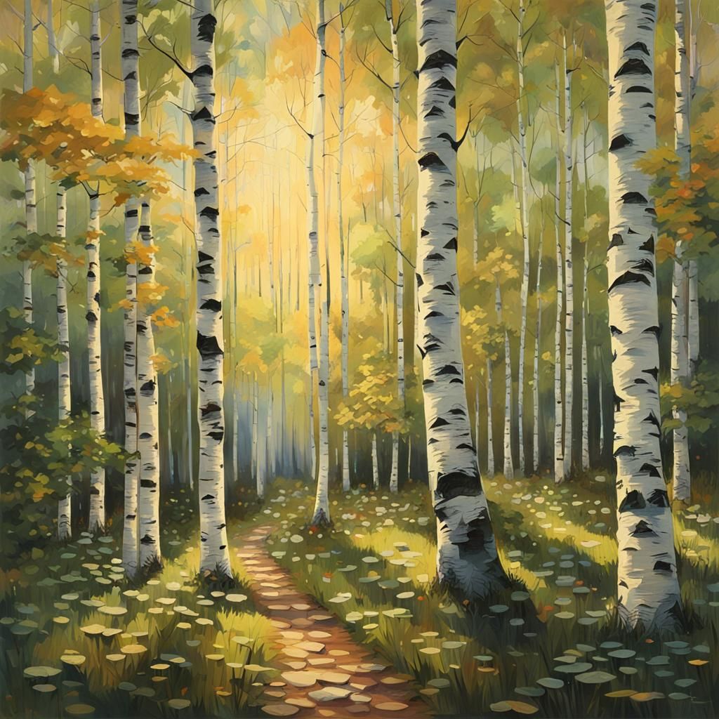 Birch Forest with Crepuscular Rays in Waterhouse Style