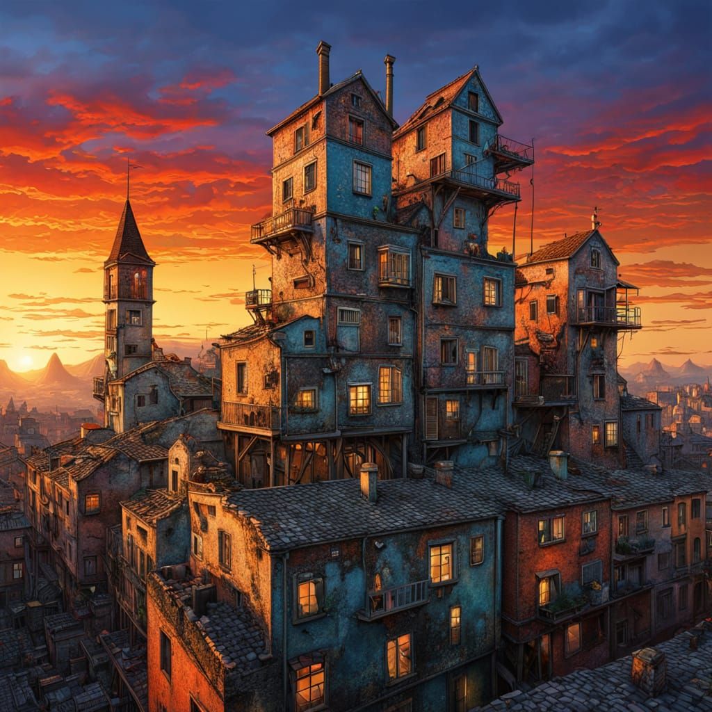 Surreal Dilapidated Cityscape at Sunset