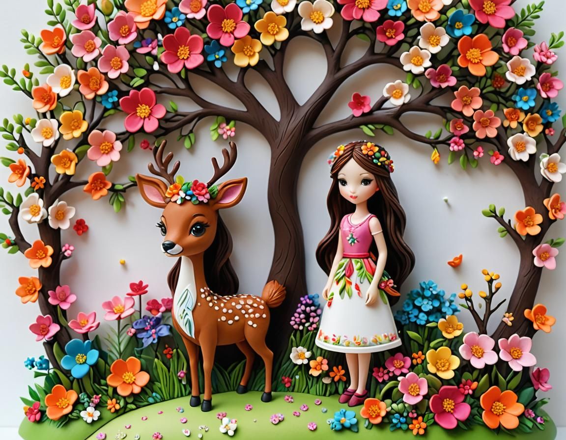 Enchanting Polymer Clay Diorama with Deer and Girl