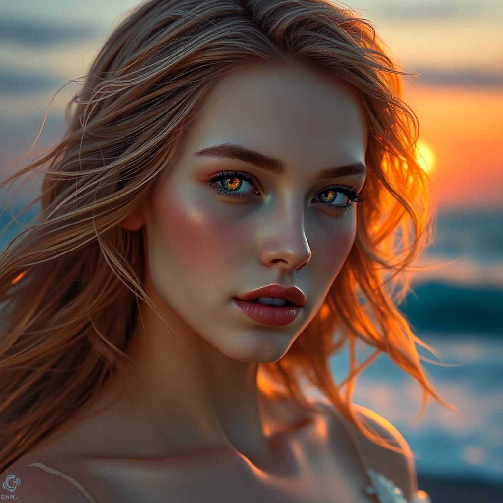 Ethereal Woman with Sunset Hues, Digital Art