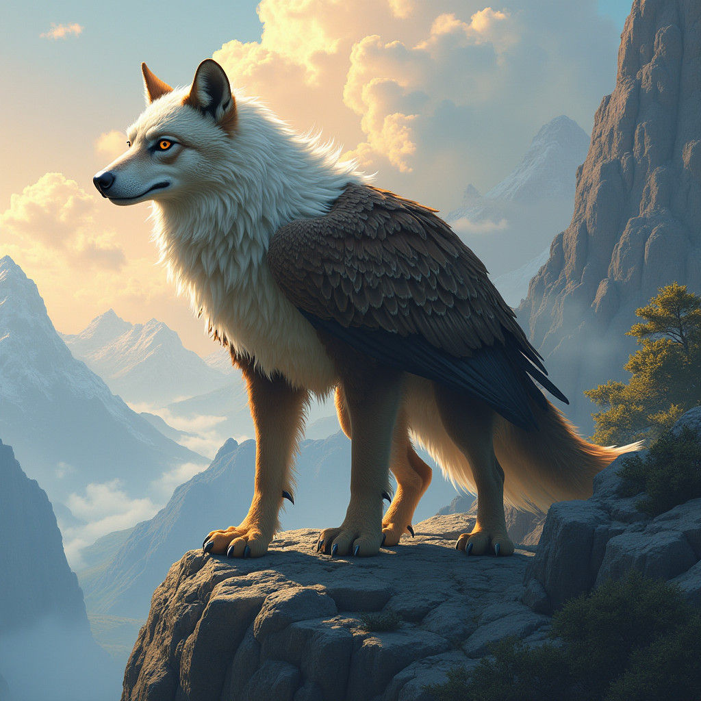 Hyperrealistic Wolf-Eagle Hybrid on Cliffside