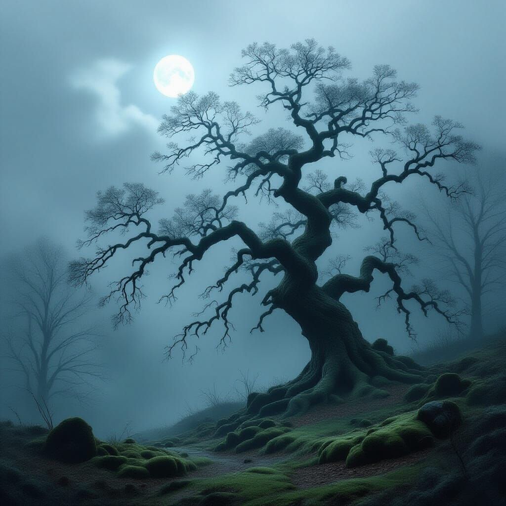 Ancient Oak in Ethereal Forest Under Moonlight Mist