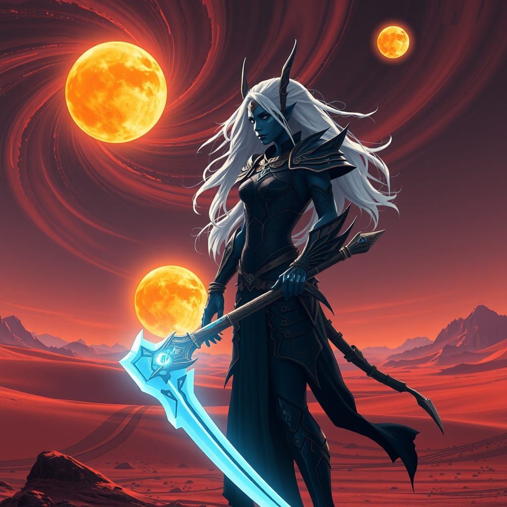 Mysterious Drow Warrior in Alien Desert Landscape