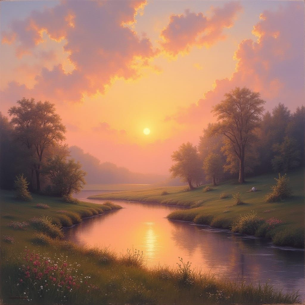 Golden Sunset Landscape in Soft Brushstrokes