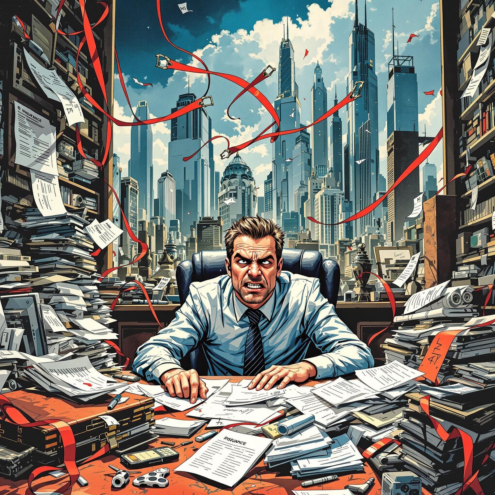 Frustrated Businessman Trapped in Red Tape