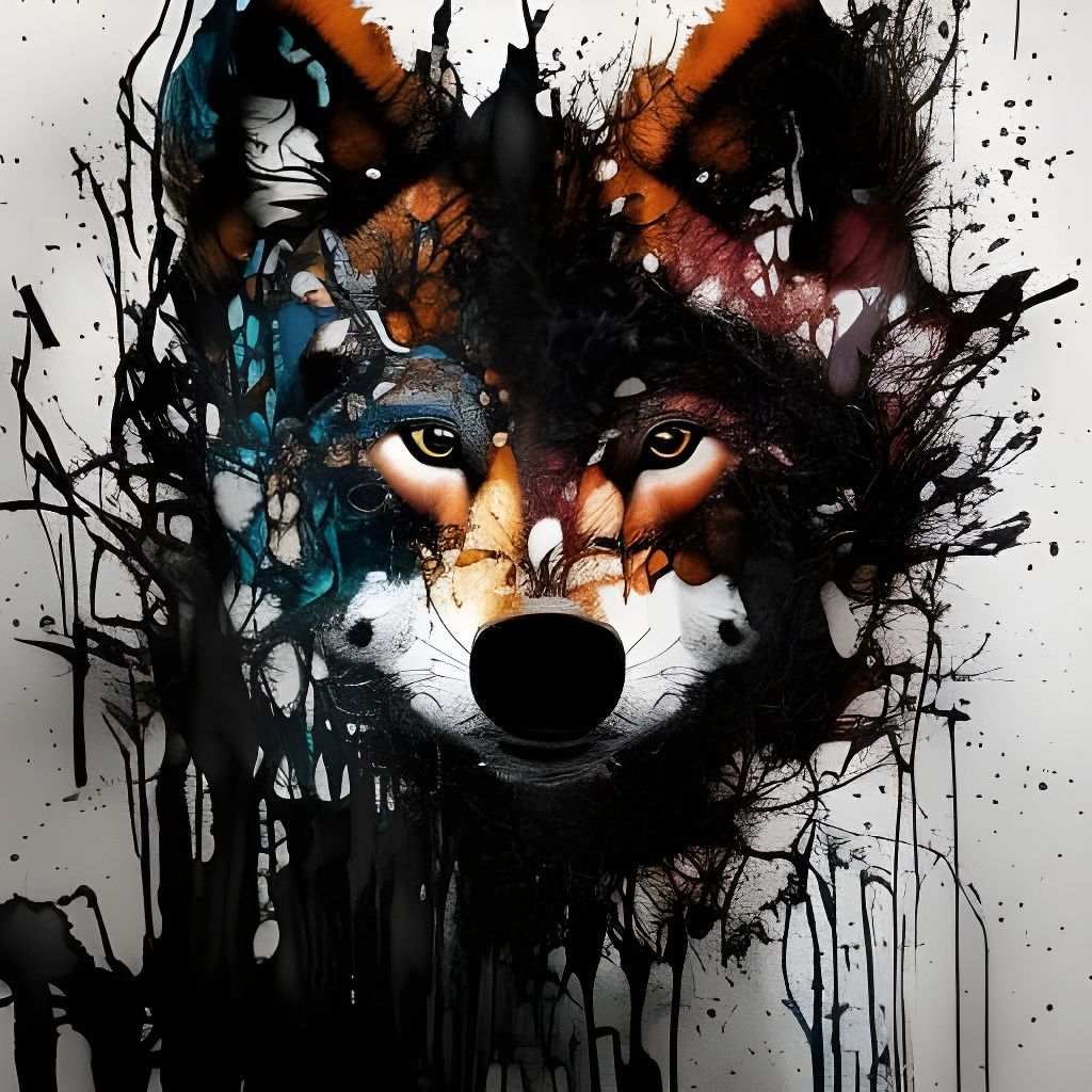 Hyperrealistic Wolf Cub Portrait in Inkblot Style