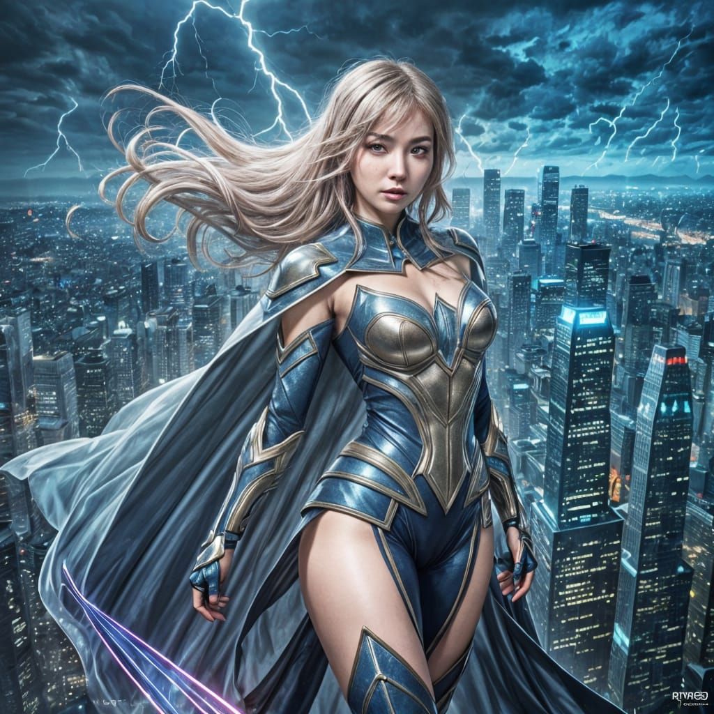 Korean Superheroine in Futuristic Cityscape with Crystal Ski...