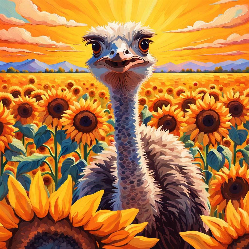 Ostrich in Sunflower Field: Impasto Oil Painting