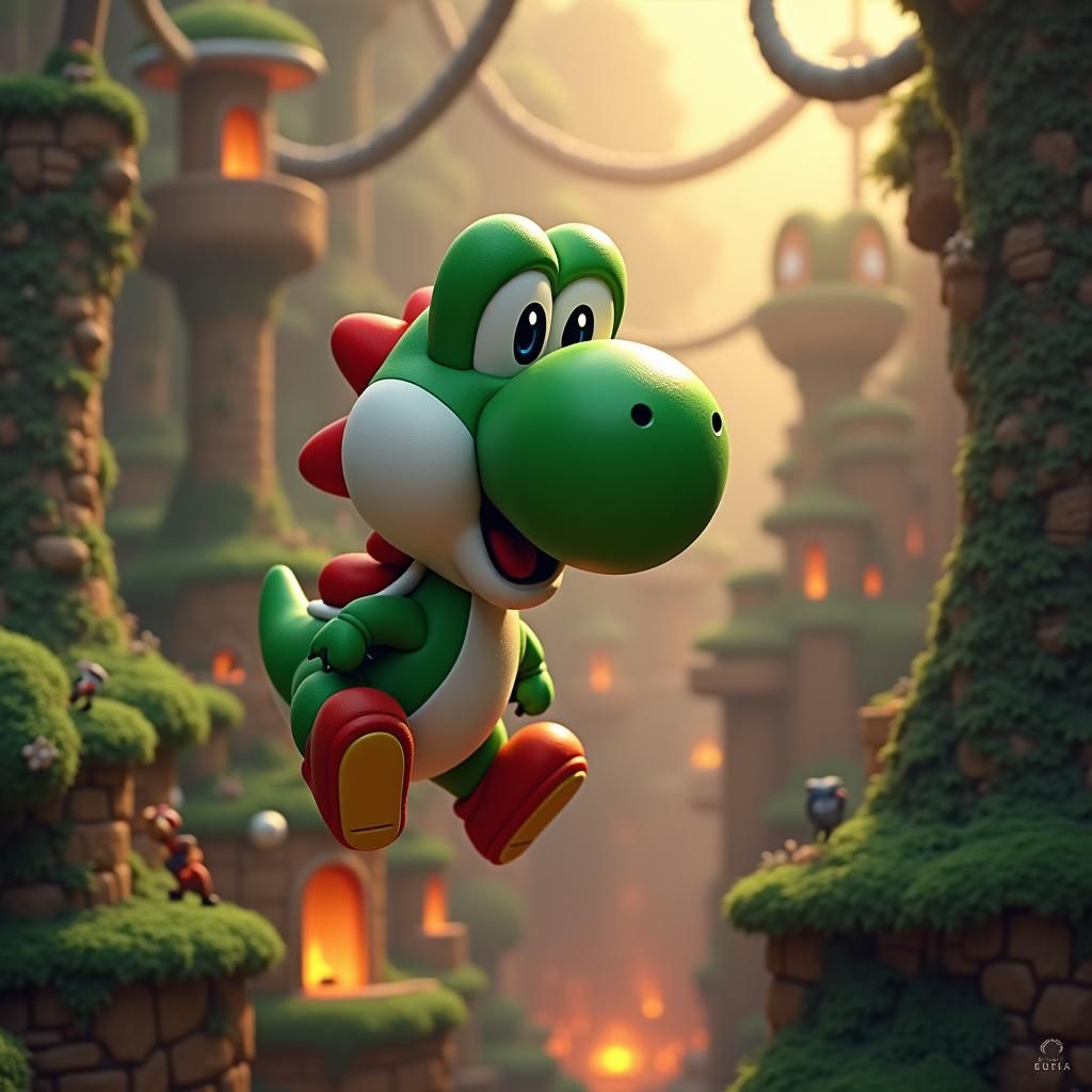 Yoshi bounding though the kingdom joyfully