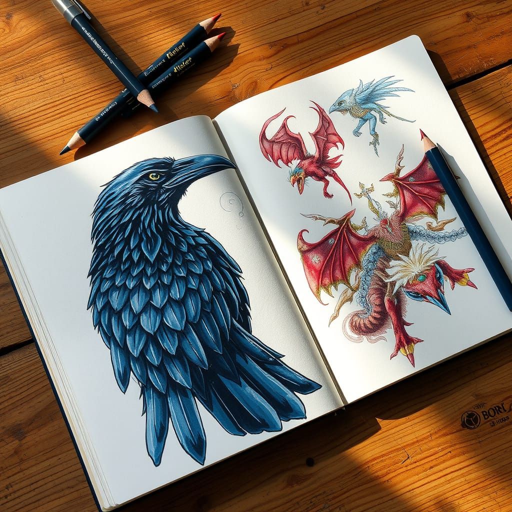 Sketchbook with Raven Drawing in Digital Art Style